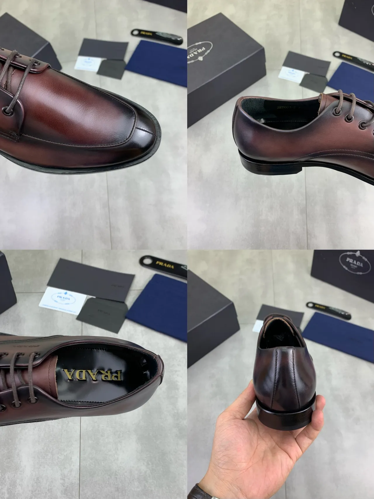 Prada Burgundy Black Cap-Toe Polished Leather Oxford Shoes