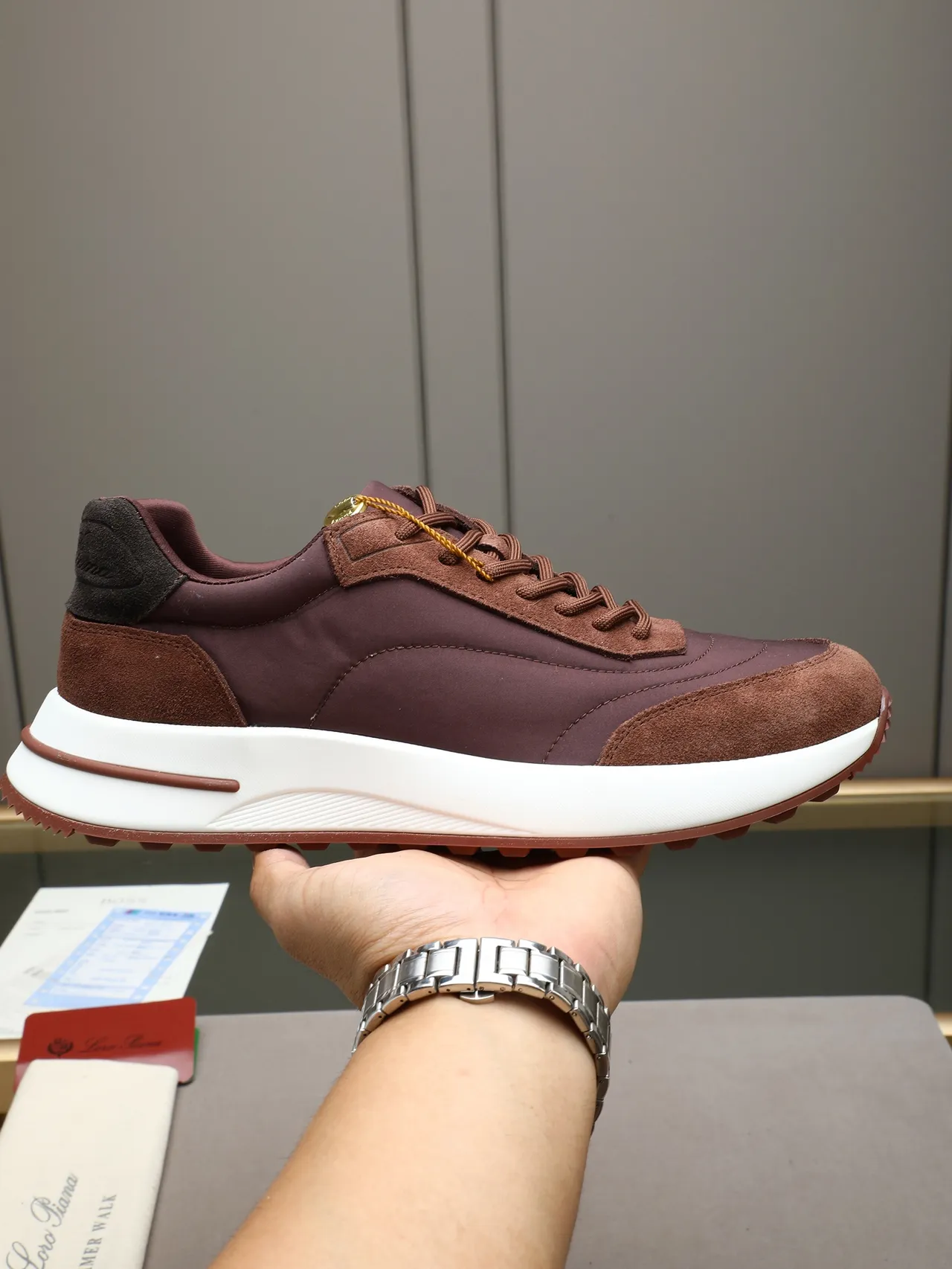 Loro Piana Burgundy and Brown Suede-Nylon Lifestyle Sneaker