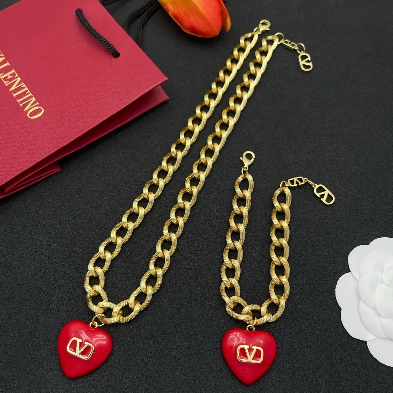 Valentino VLogo Heart Red Enamel Gold-Tone Chain Bracelet