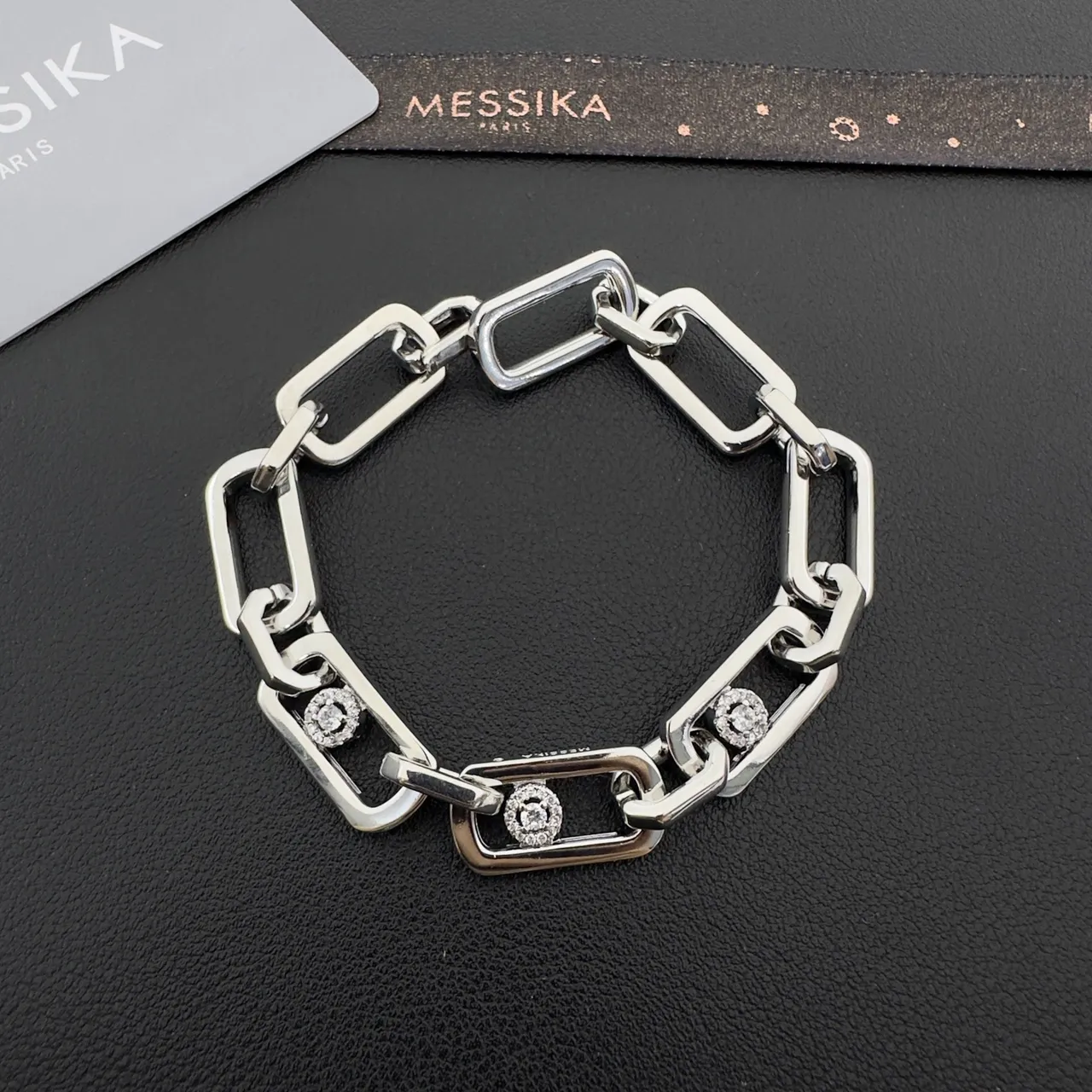 Messika Silver Gold Chain-Link Pavé-Set Rectangle Bracelet