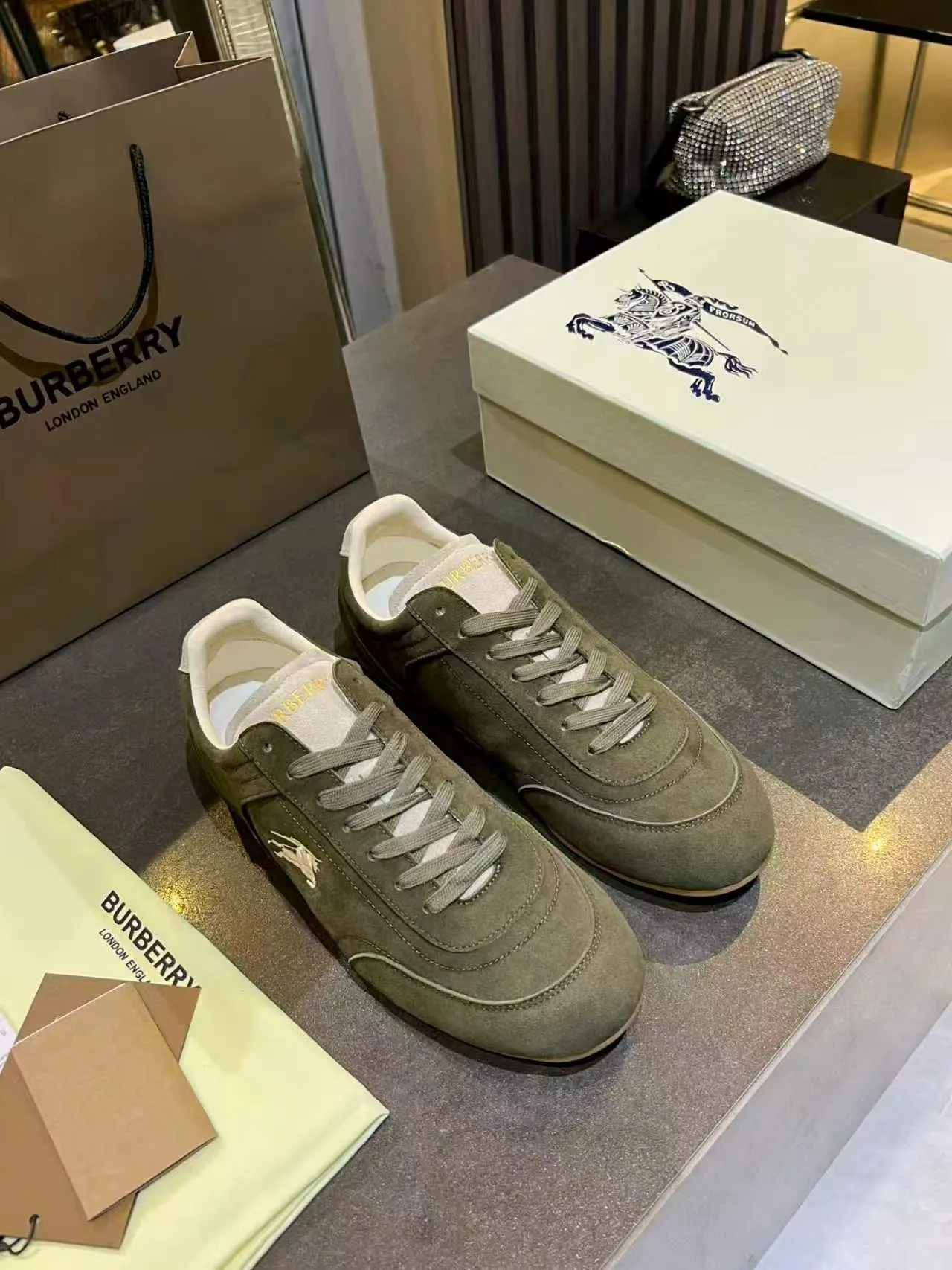 Burberry Knight Olive Green Suede Lifestyle Sneakers