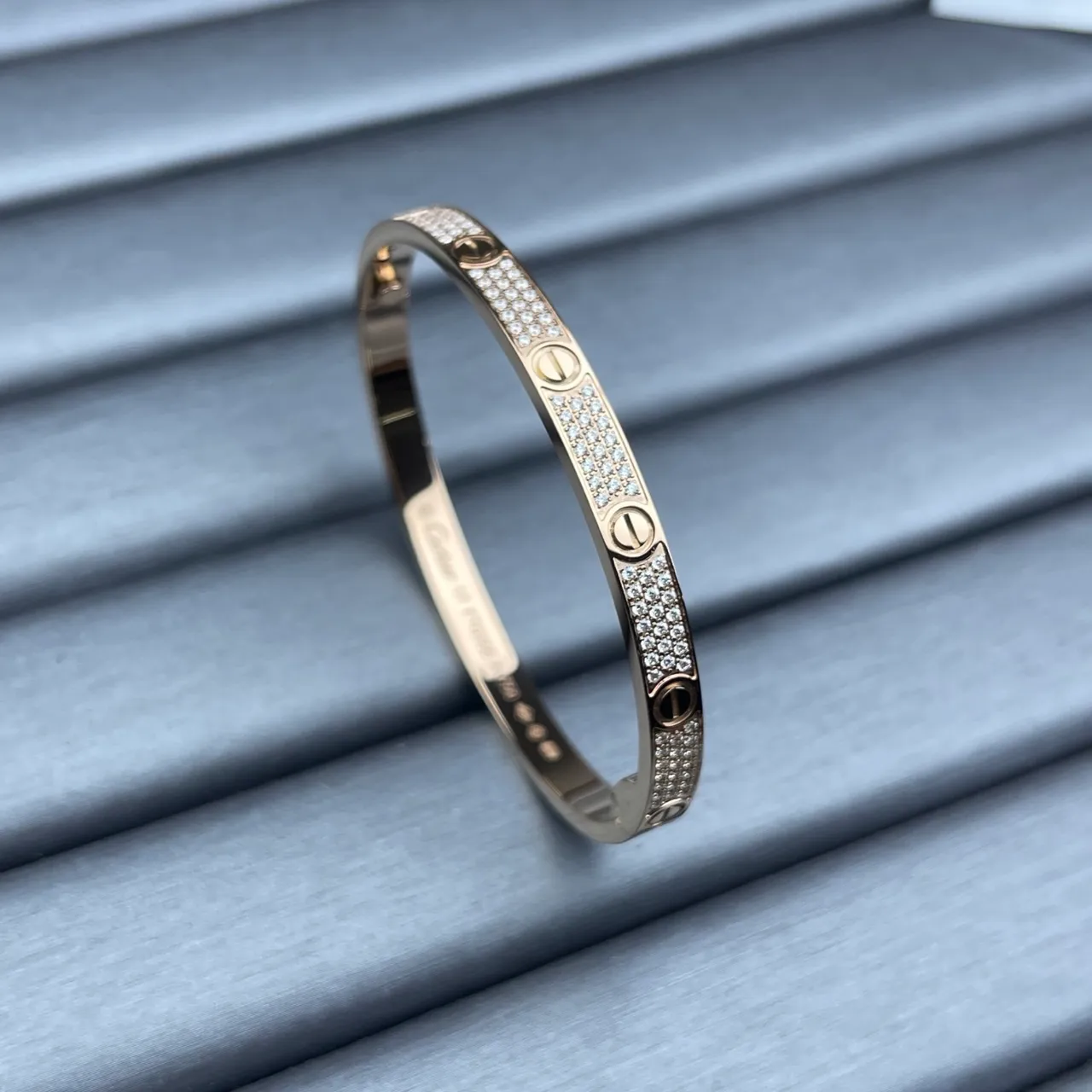Cartier Love Silver Gold Hinged Bangle Pavé-Set Stones Bracelet