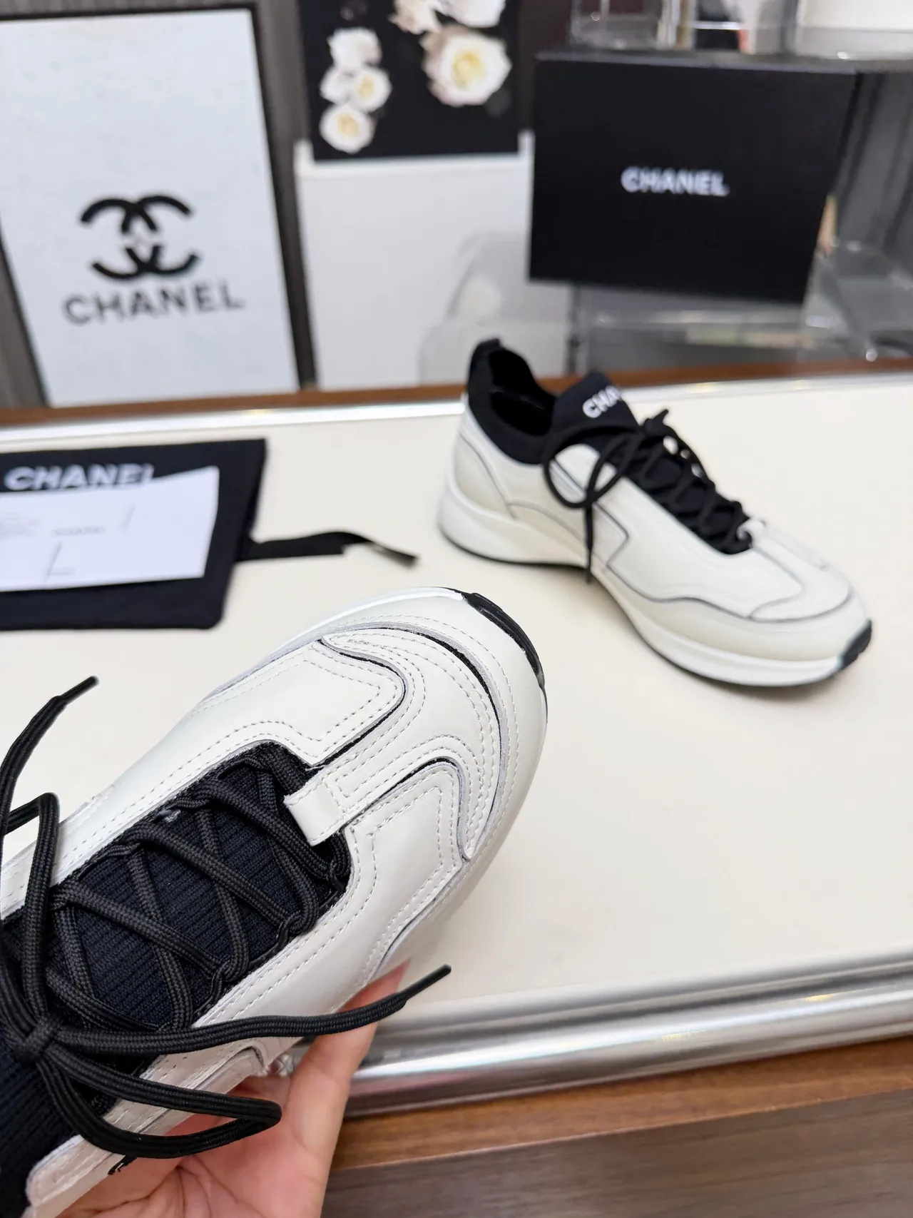 Chanel White and Black Leather CC Logo Chunky Sneakers