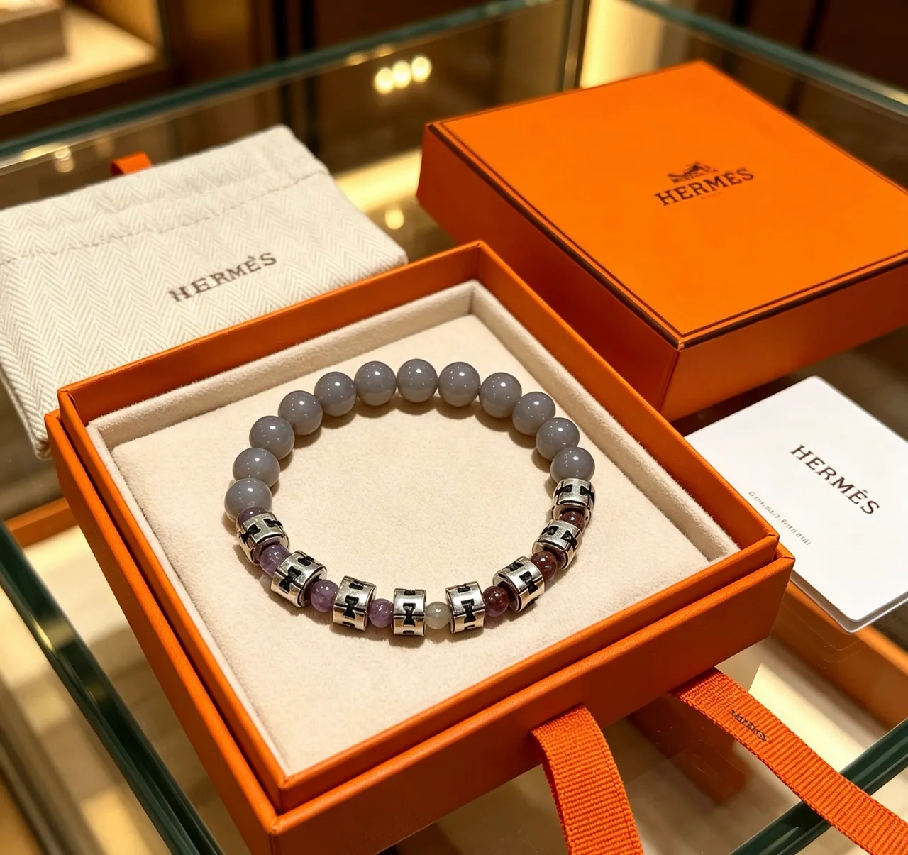 Hermès H-Spacer Gray Purple Beaded Bracelet