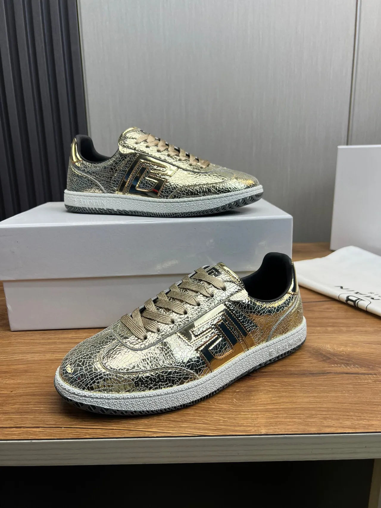 Balmain B-Court Metallic Cracked Leather Gold Black Lifestyle Sneakers
