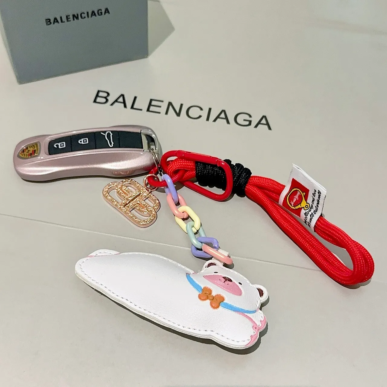 Balenciaga White Red Leather Bear Charm Multicolor Resin Chain Links Phone Accessory