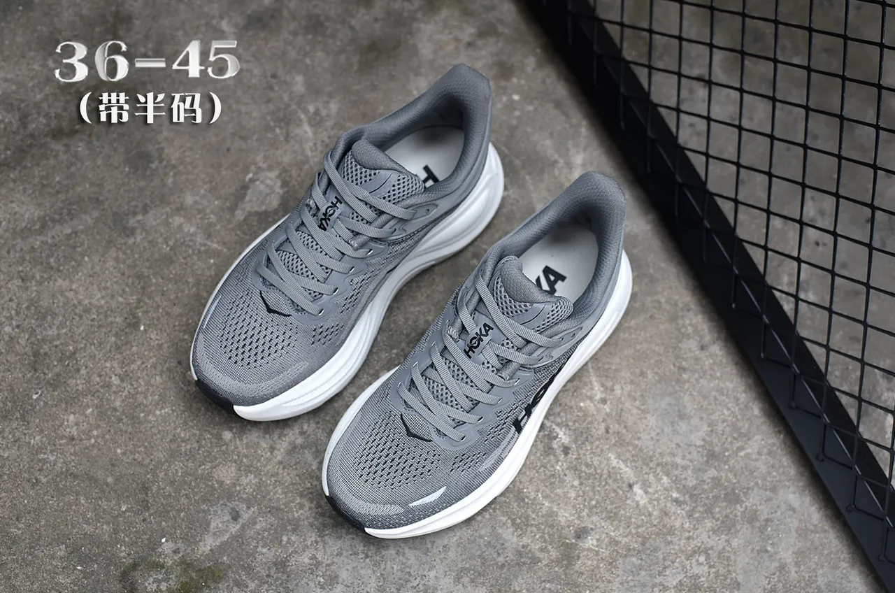Hoka Gray White Engineered Mesh Upper Thick Midsole Running Shoes