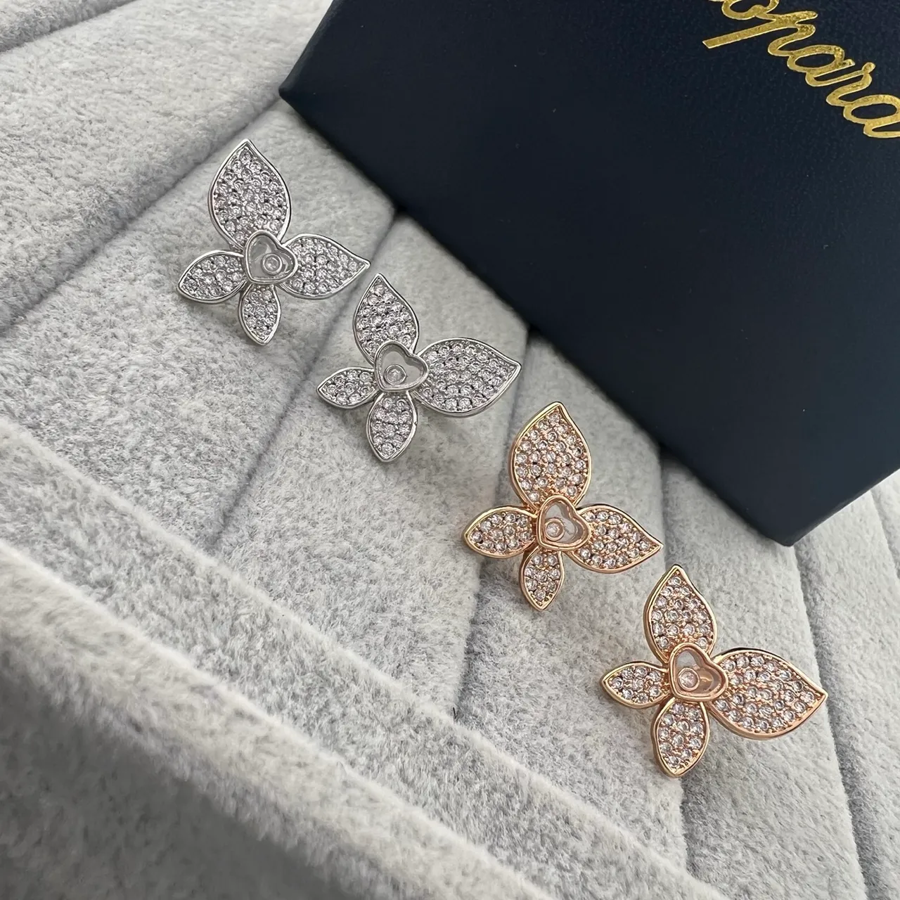 Chopard Happy Hearts Silver Gold Flower-Shaped Pavé-Set Earrings