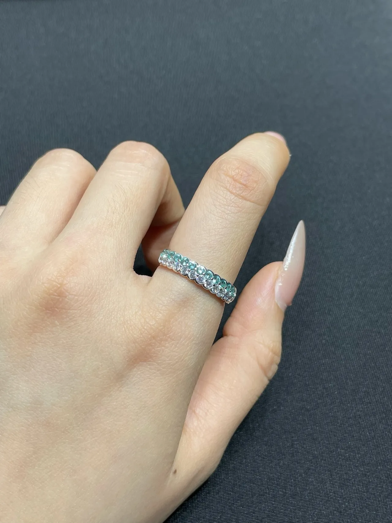 Silver-Tone Pavé-Set Teal and Clear Stone Stackable Eternity Rings