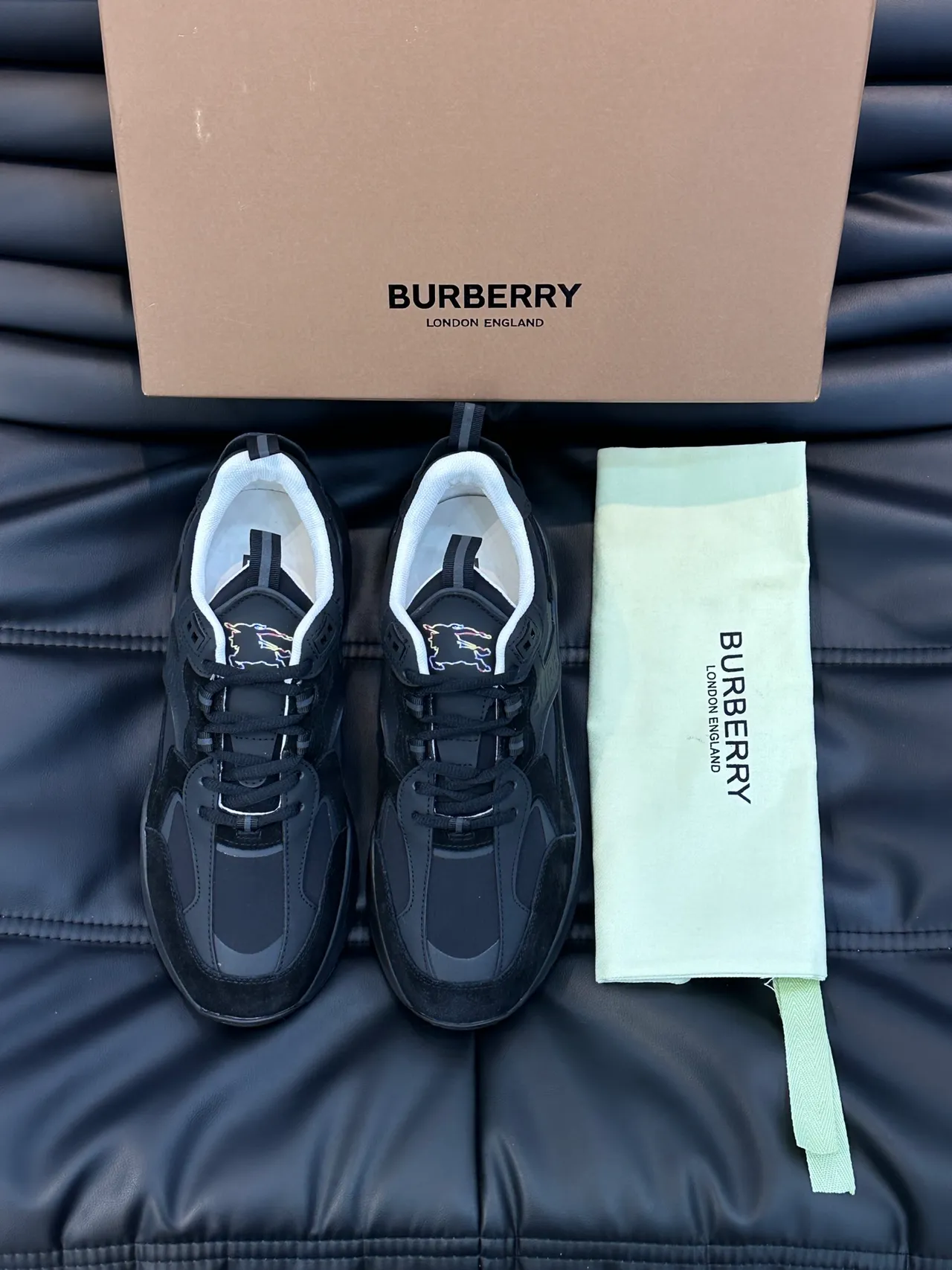 Burberry Black White Layered Suede And Synthetic Upper Embossed Side Logo Chunky Sneakers
