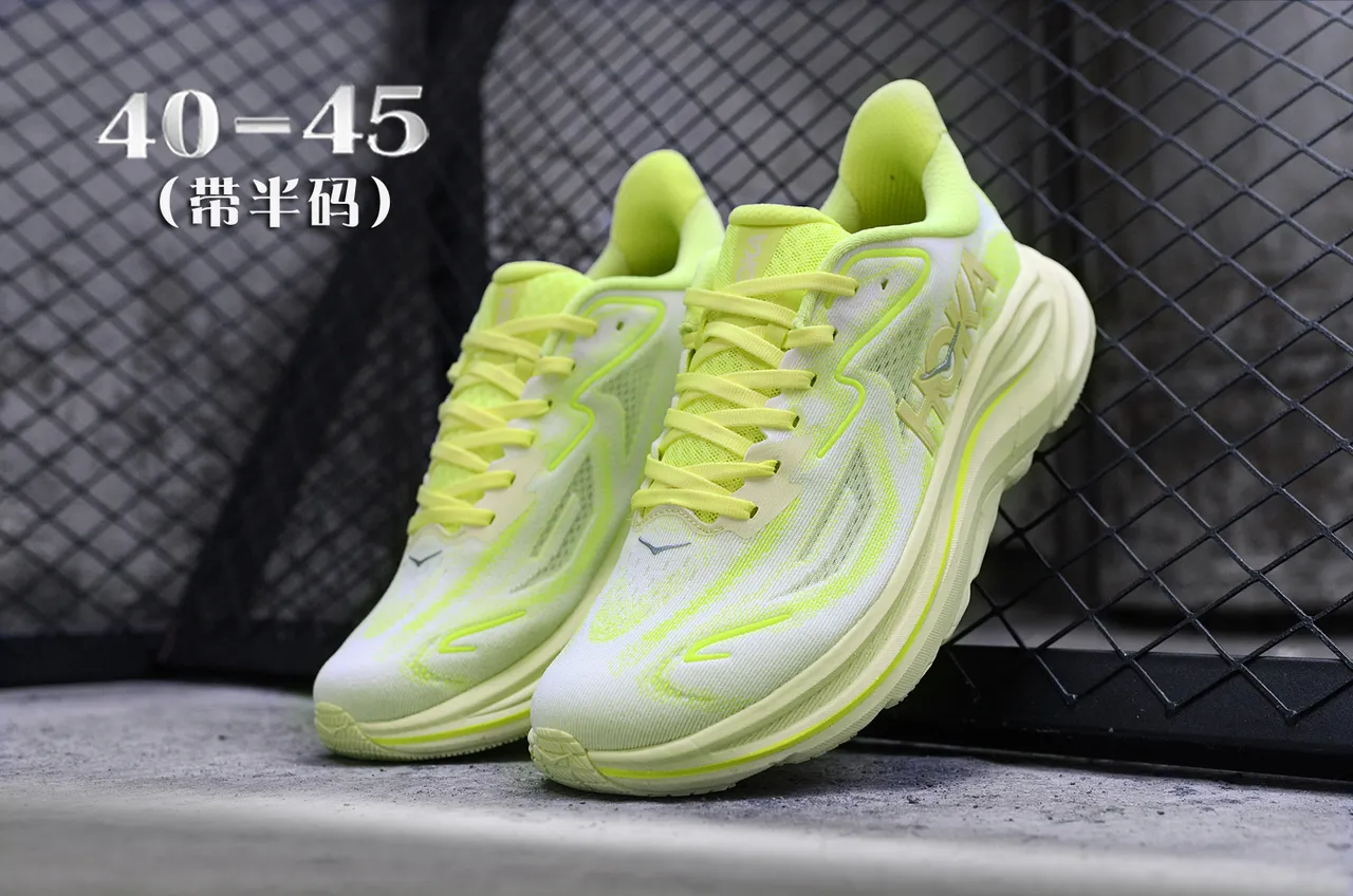 Hoka White Yellow Engineered Knit Upper Neon Accents Running Shoes