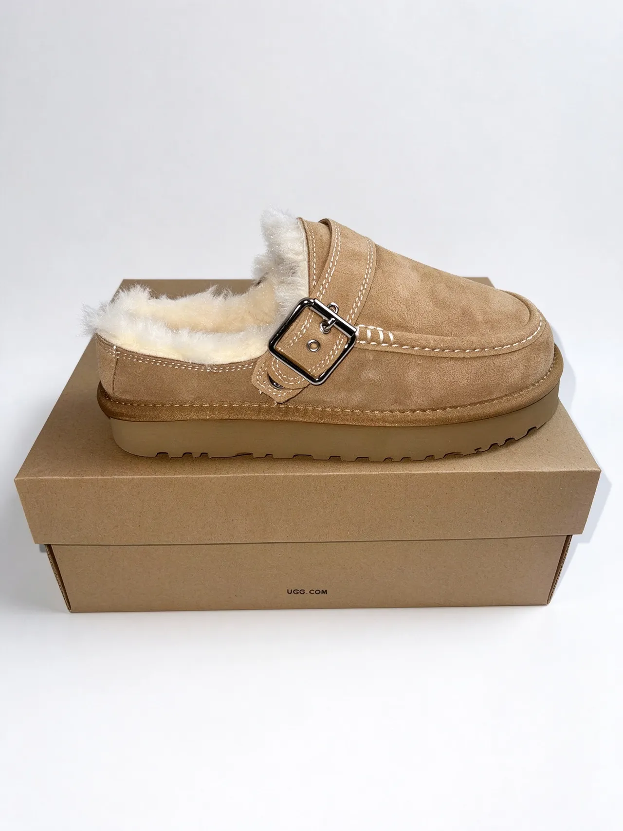 UGG Beige White Suede Upper Shearling-Lined Loafer