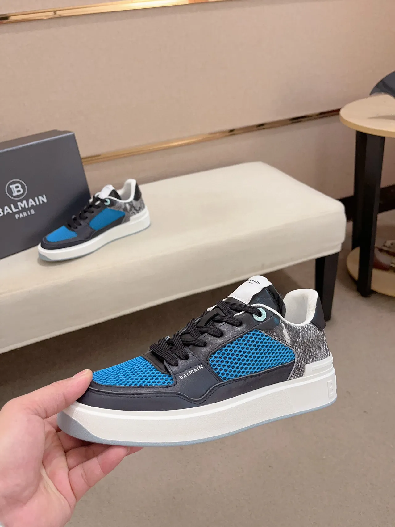 Balmain B-Court Blue Mesh and Black Leather Lifestyle Sneakers