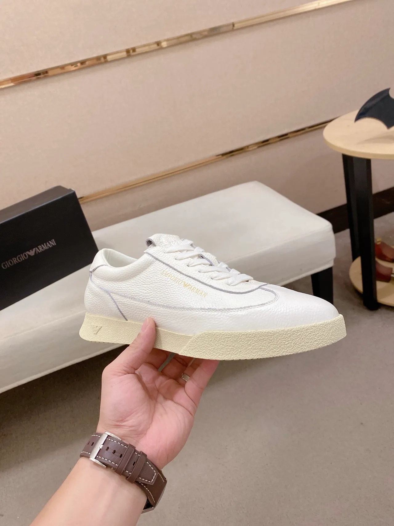 Emporio Armani White Beige Pebbled Leather Upper Gold Branding Sneakers