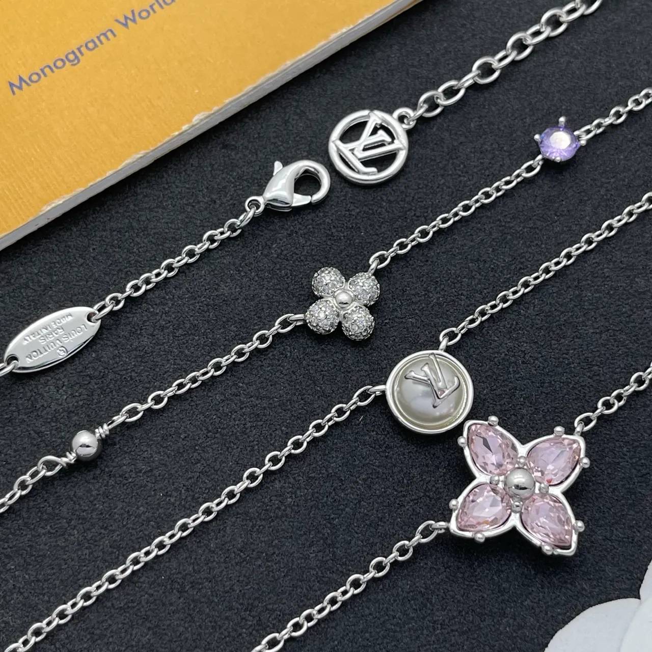 Louis Vuitton Silver Pink Multi-Strand Layered Chain Necklace