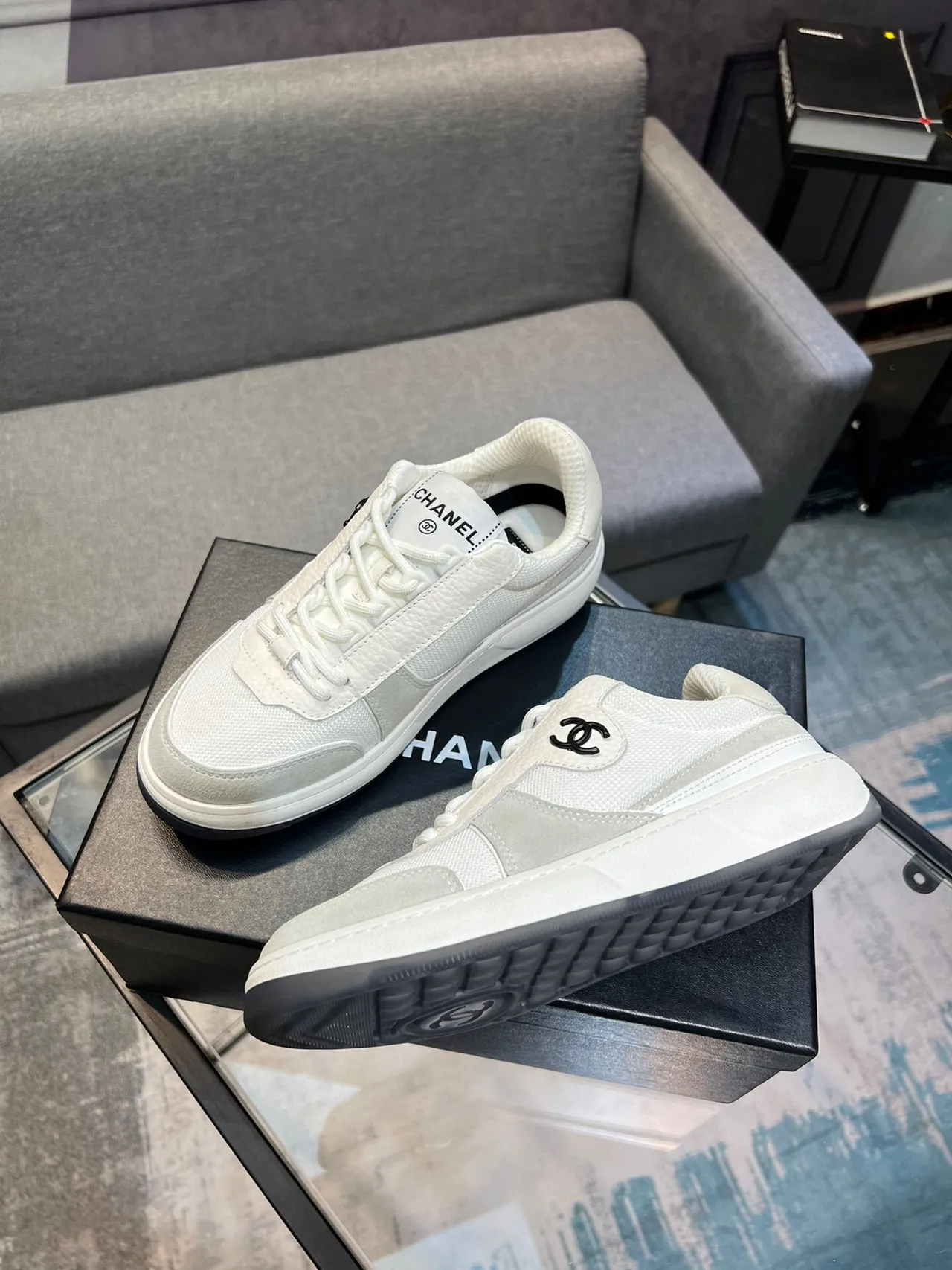 Chanel White Gray Low-Top Mixed-Material Lifestyle Sneakers