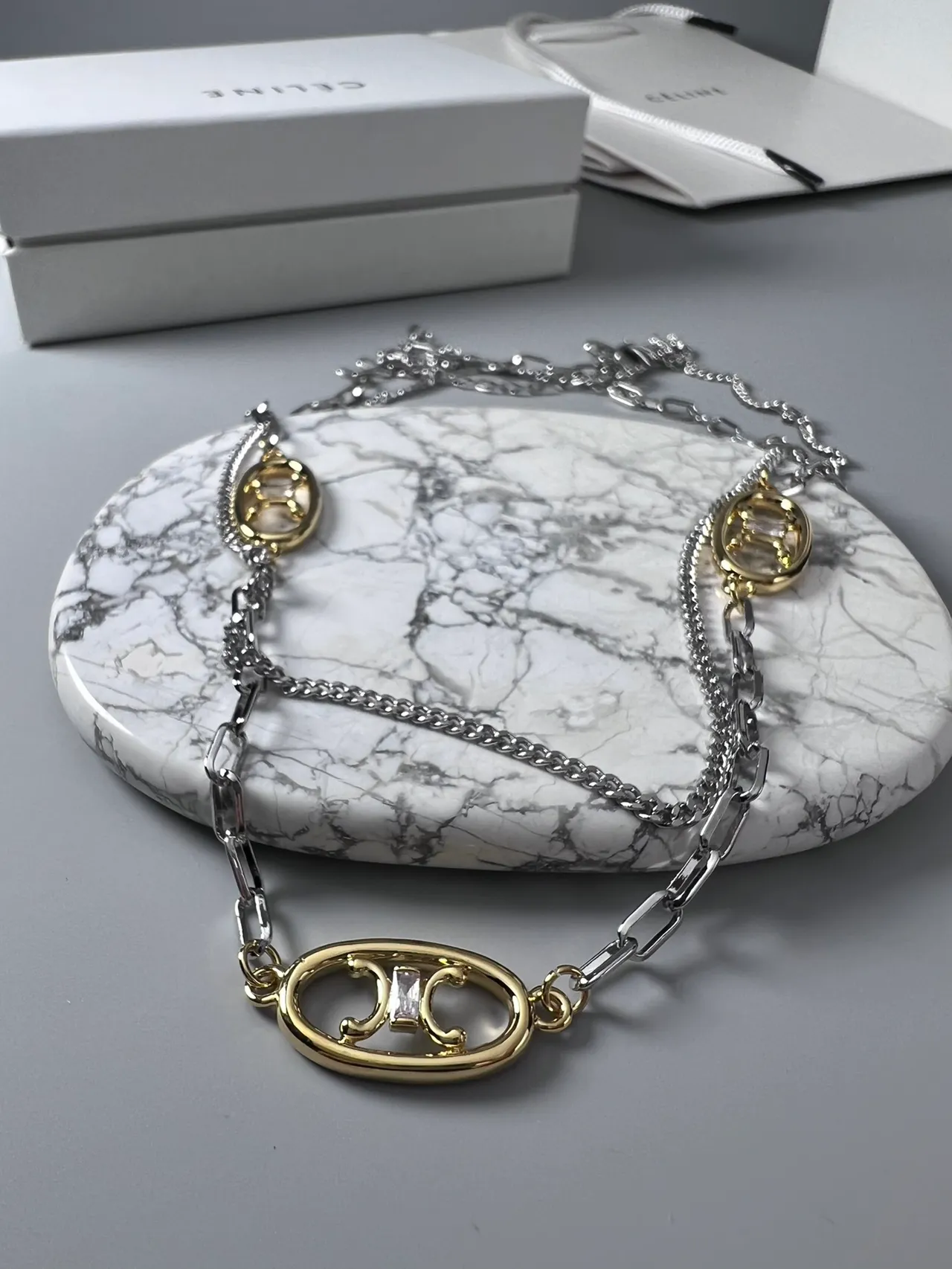 Celine Triomphe Silver Gold Double-Layer Chain Oval Logo Charms Necklace