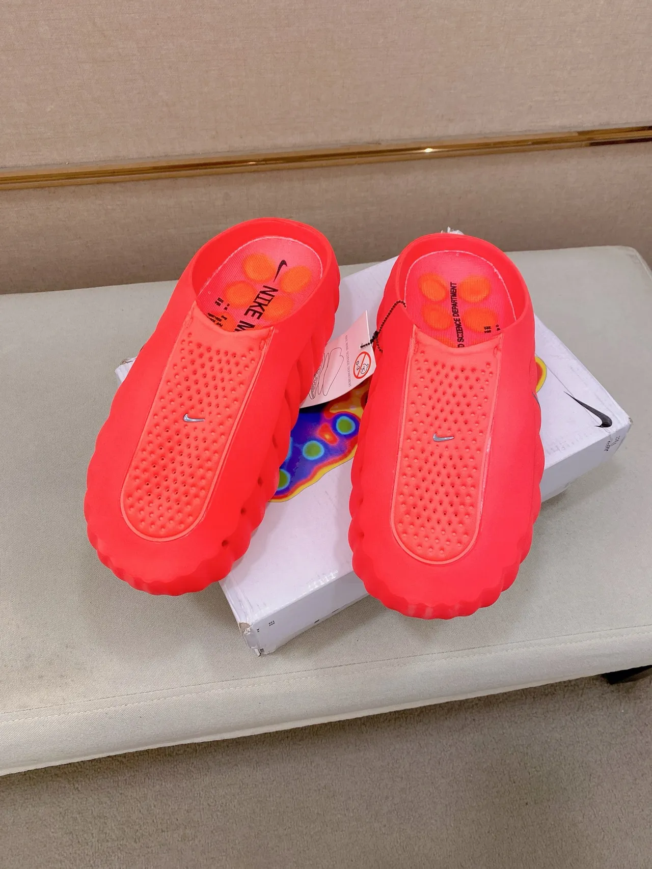 Nike Mind Orange White Molded Wavy Sole Perforated Strap Upper Slippers