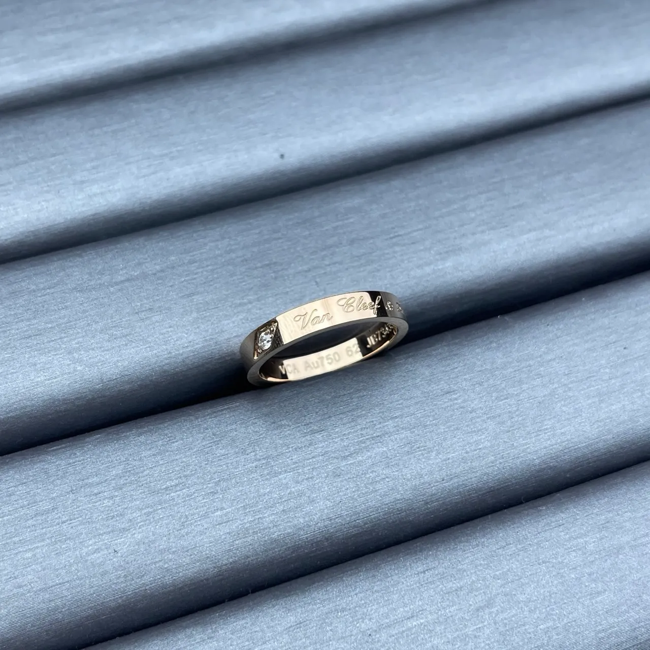 Van Cleef & Arpels Gold Silver Engraved Script Logo Side-Set Single Diamond Ring