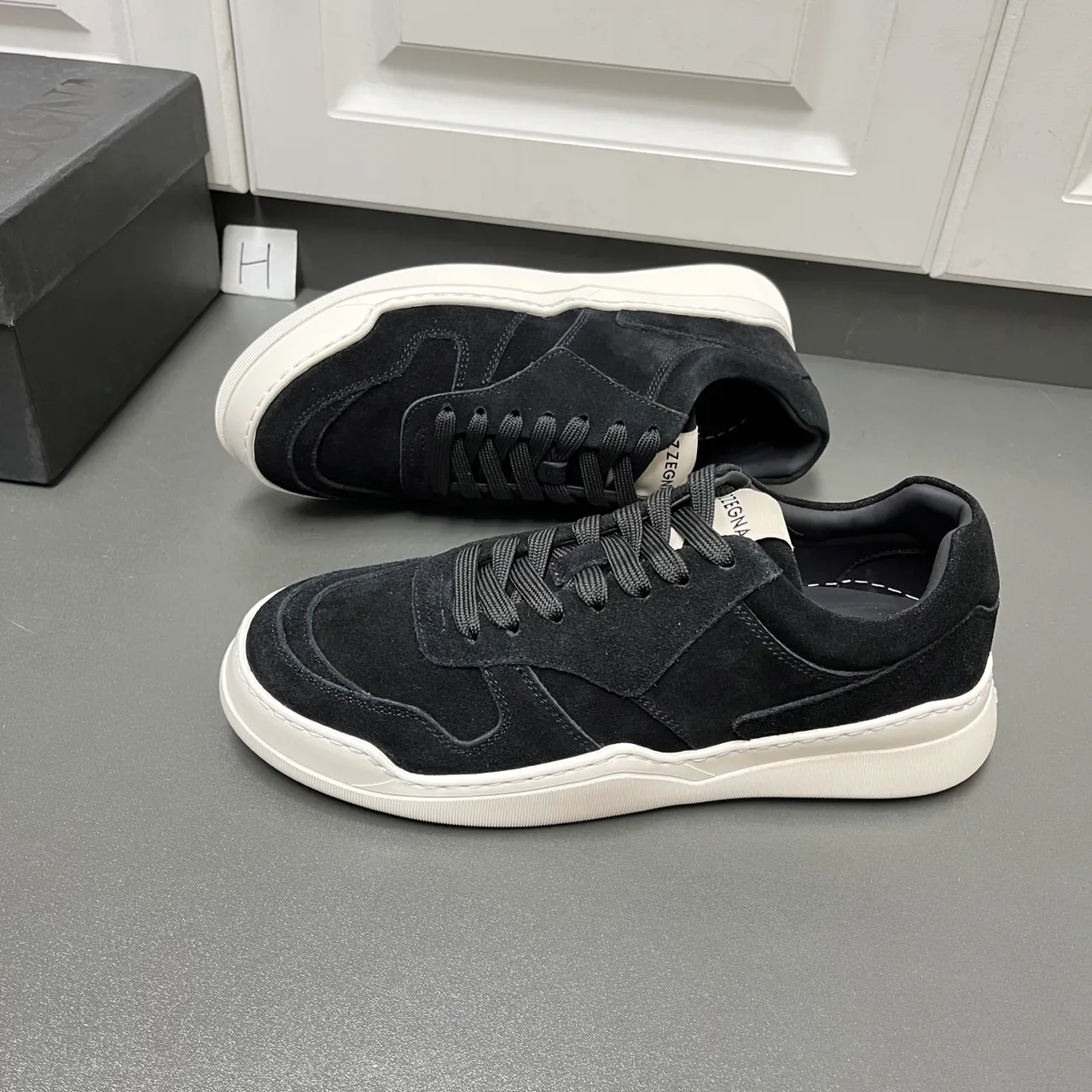 Zegna Lifestyle Sneaker Black White Suede Upper Layered Panel Construction Sneakers