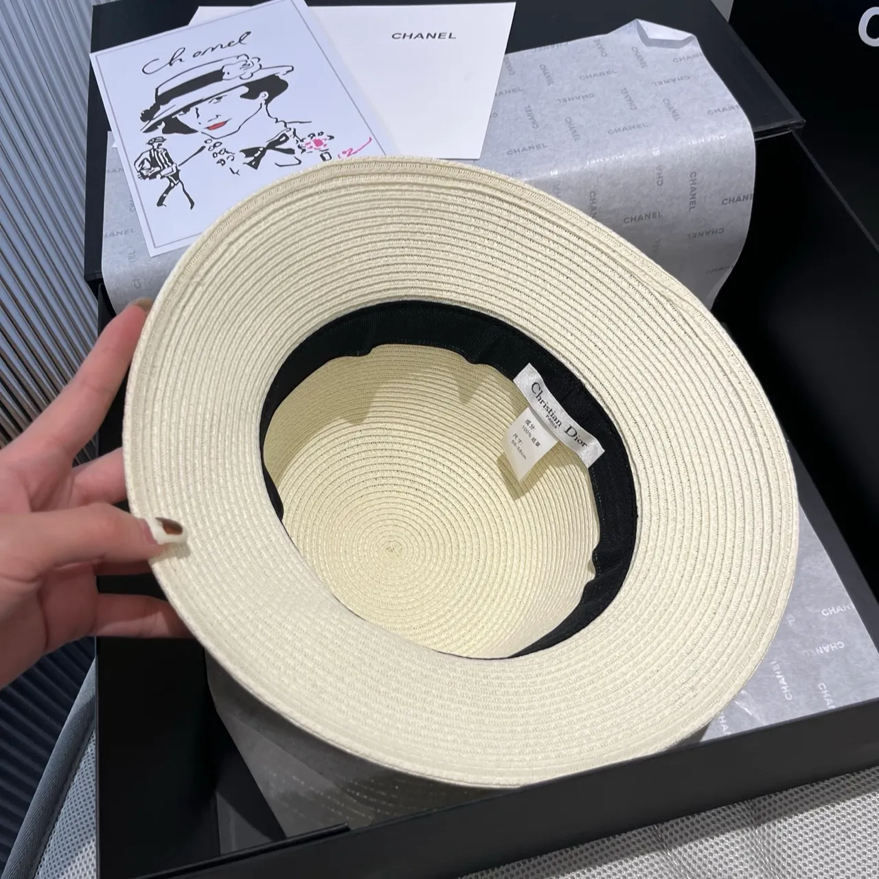 Dior Beige Black Woven Straw-Like Texture Structured Ribbed Crown Fedora