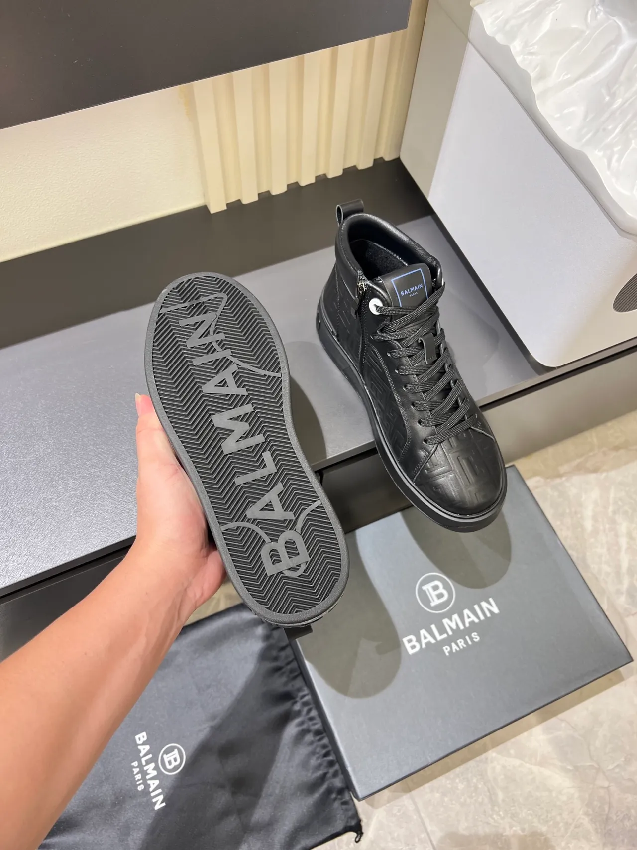 Balmain B-Court Black Embossed Monogram High-Top Lifestyle Sneakers