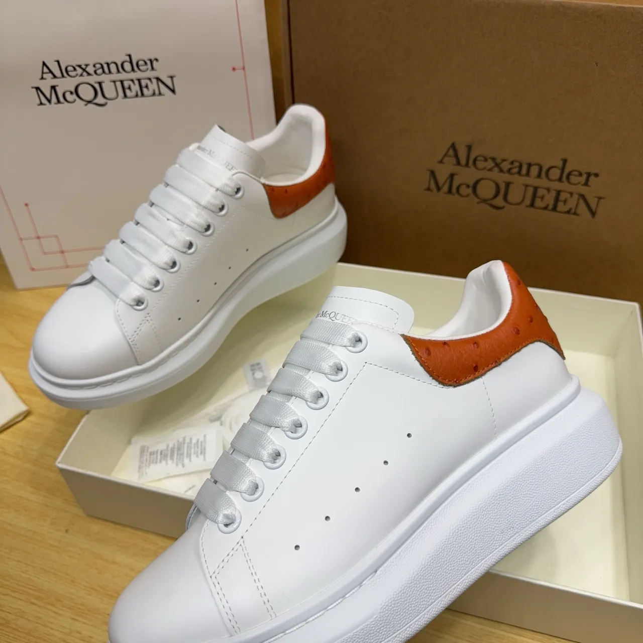 Alexander McQueen Oversized Sneaker White Orange Platform Sole Perforated Side Panel Chunky Sneakers