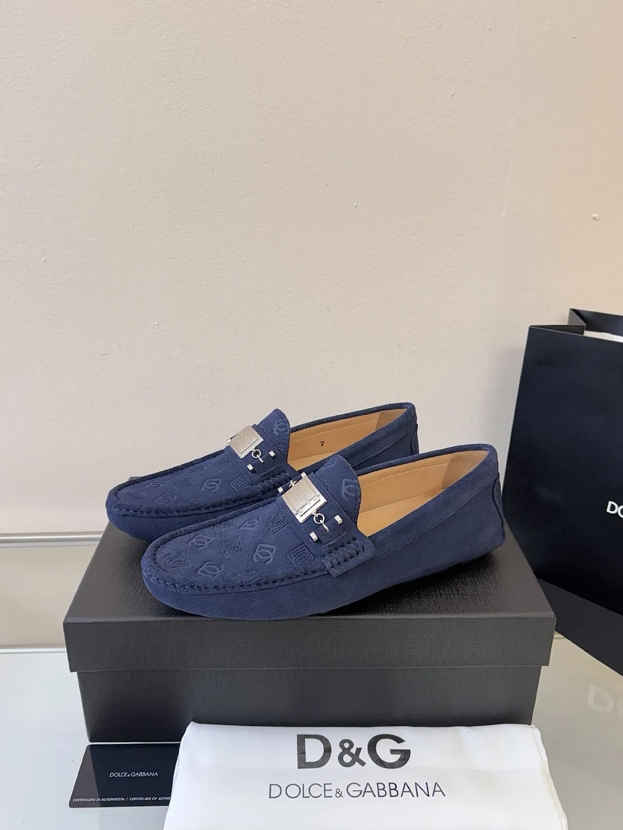 Dolce & Gabbana Portofino Navy Gold Suede Embossed Monogram Loafer