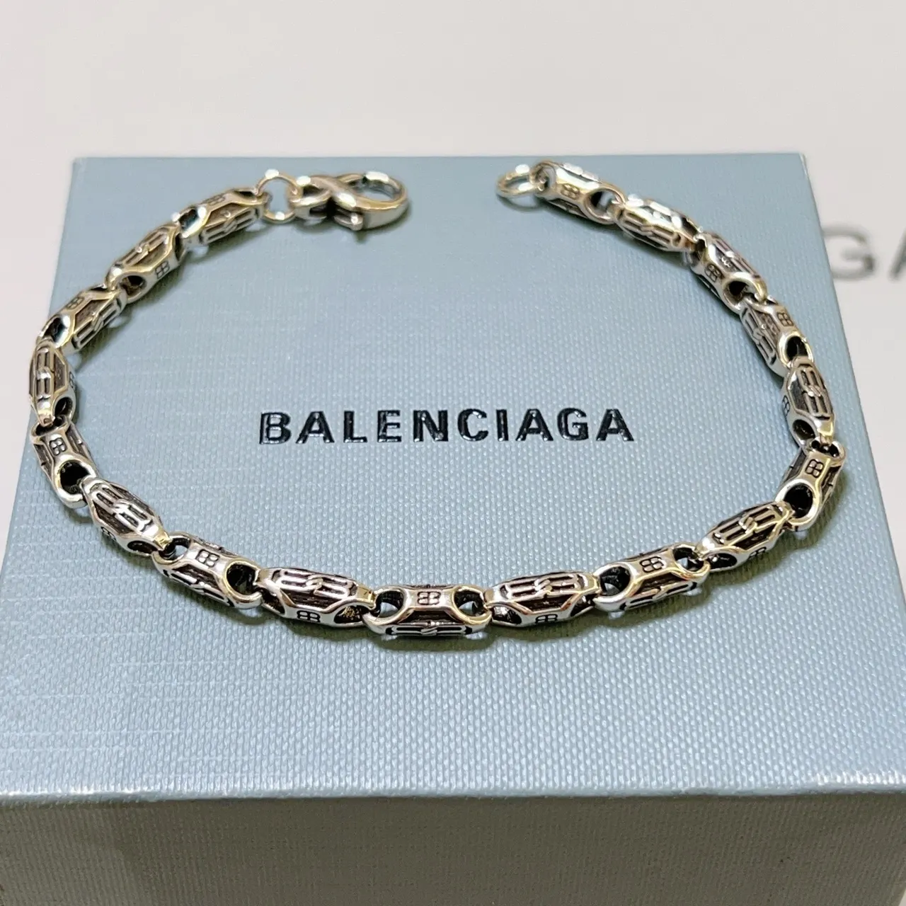 Balenciaga Monogrammed Chain-Link Two-Tone Silver Bracelet