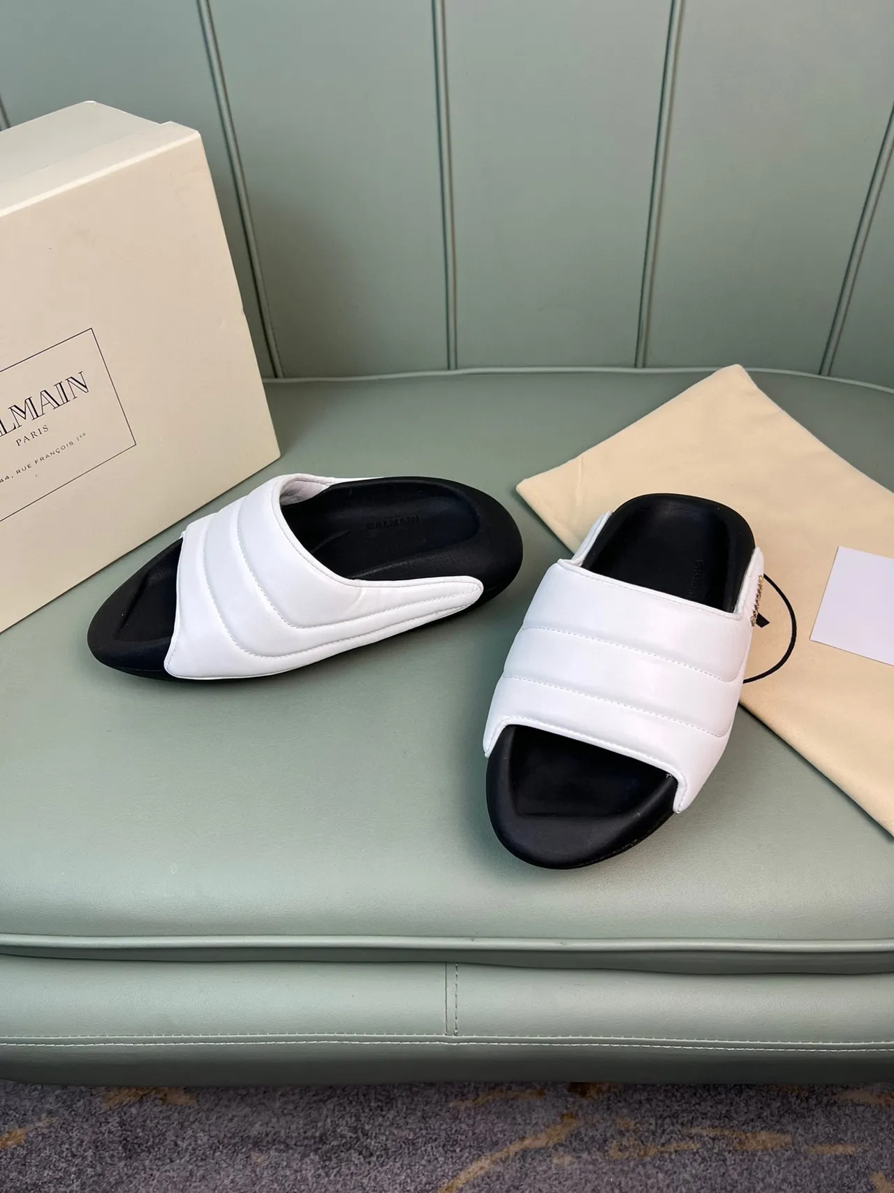 Balmain B-Court White Black Quilted Strap Molded Sole Slippers
