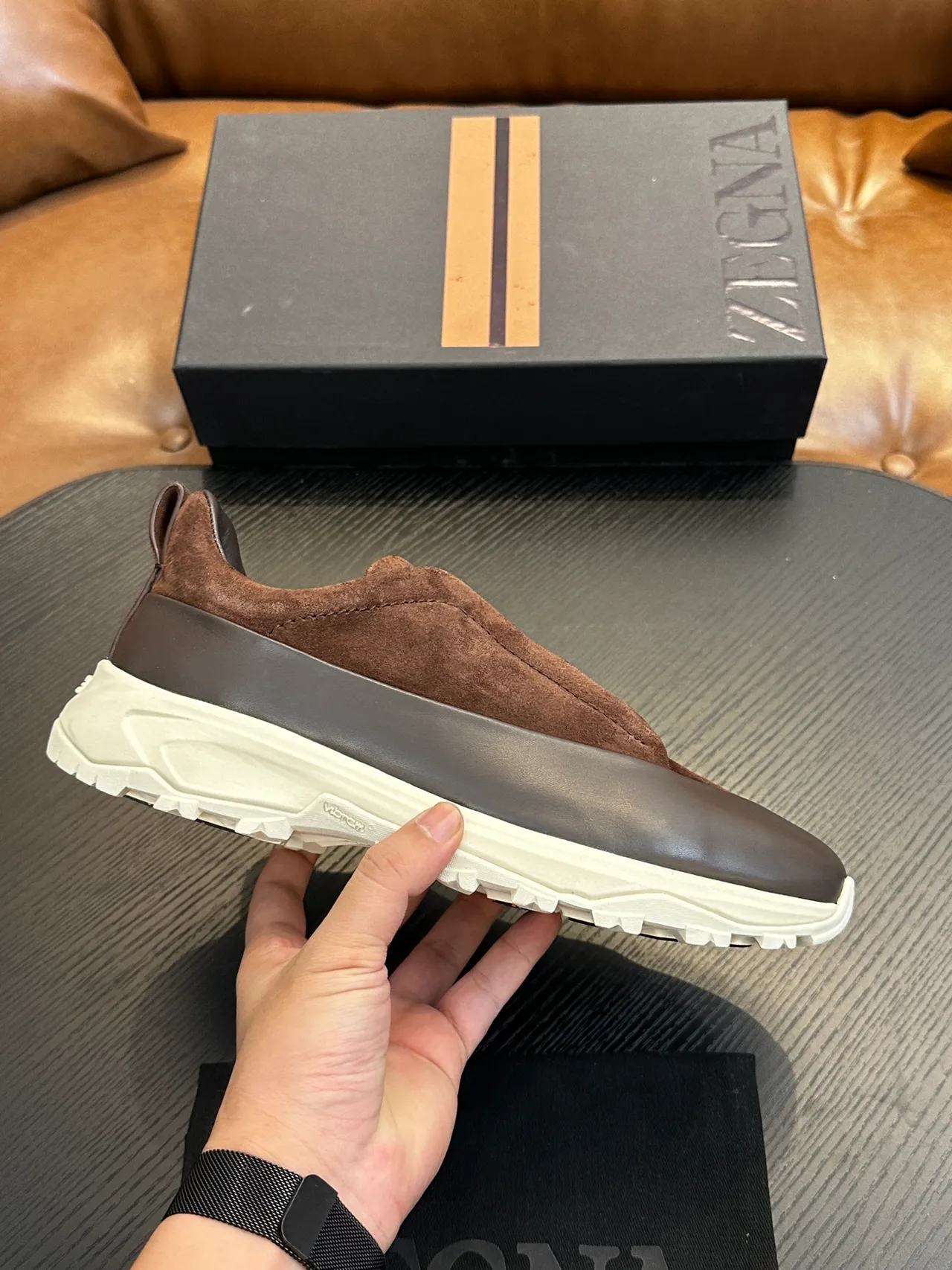 Zegna Brown Suede and Leather Slip-On Lifestyle Sneaker