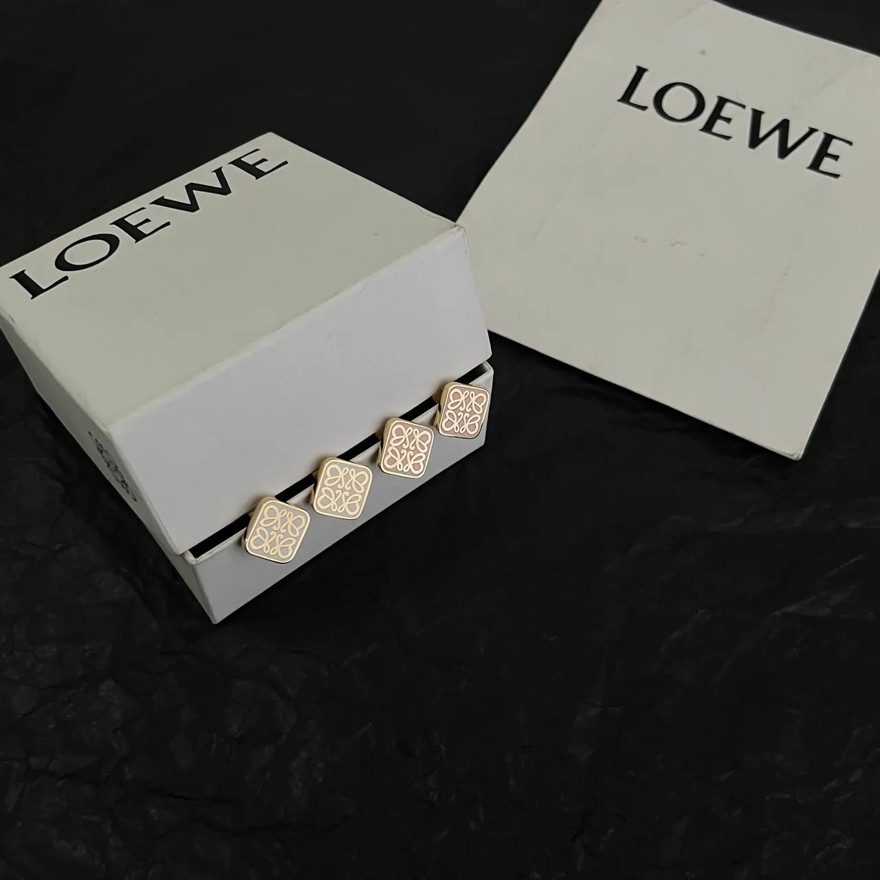 Loewe Anagram Gold Beige Square Stud Enamel-Filled Earrings