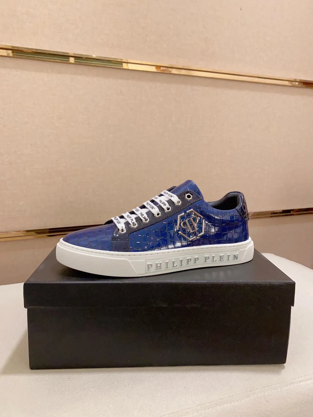 Philipp Plein Blue Croc-Embossed Logo Sneaker