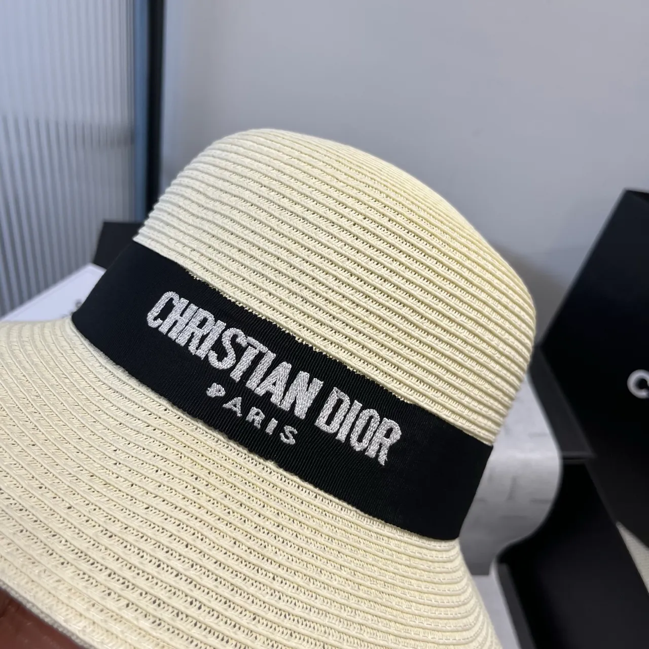 Dior Beige Black Woven Straw-Like Texture Structured Ribbed Crown Fedora