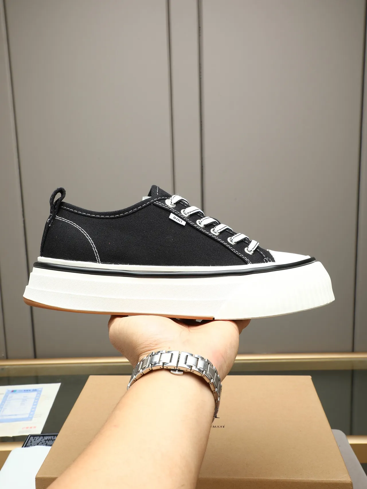 AMI Paris Black Canvas Platform Lifestyle Sneakers