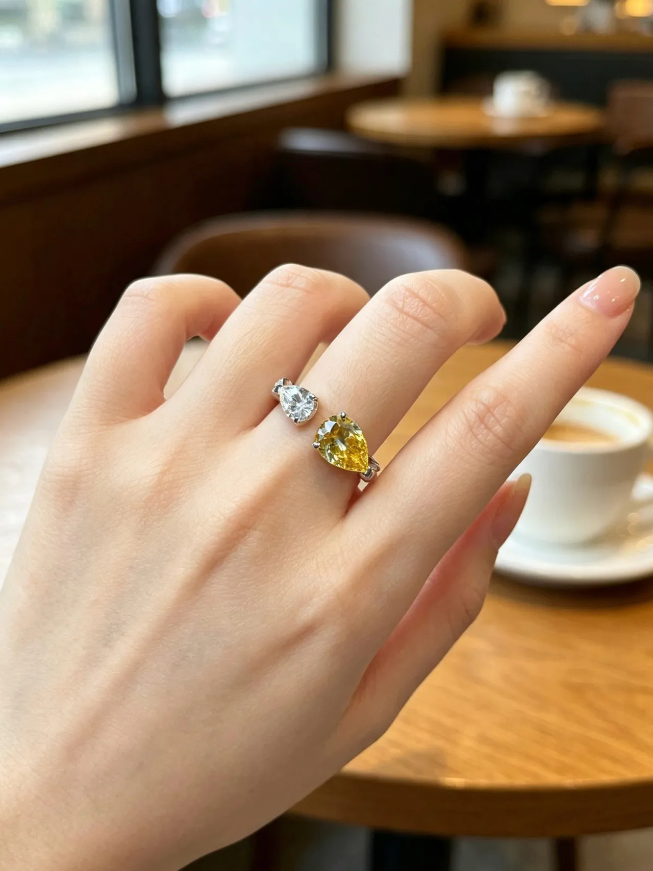 Yellow and Clear Pear-Cut Dual-Stone Asymmetrical Rings