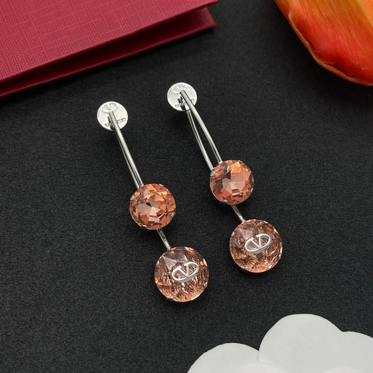 Valentino VLogo Pink Silver Double-Stone Drop Faceted Crystal Earrings
