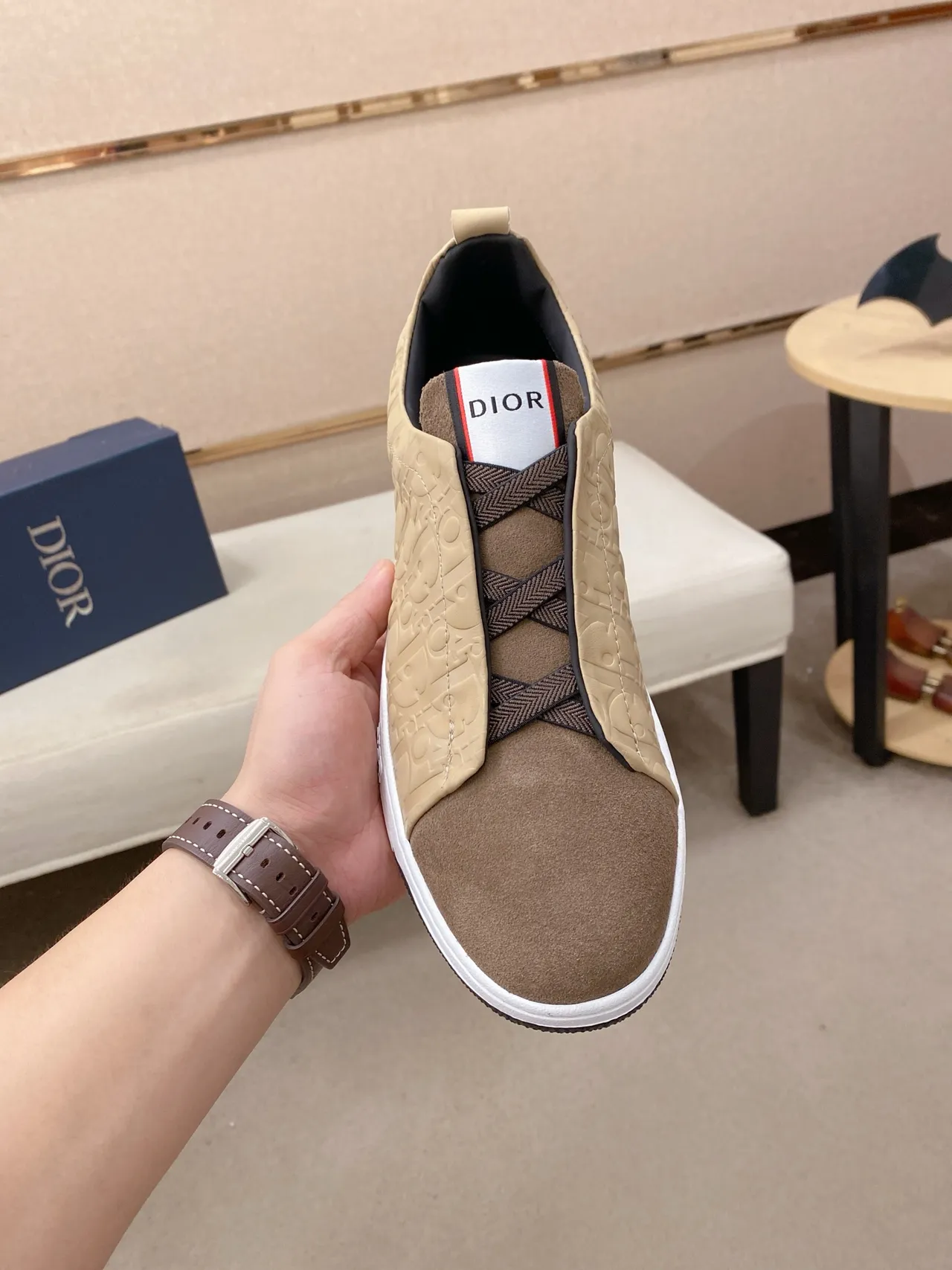 Dior Beige Brown Slip-On Monogrammed Lifestyle Sneakers