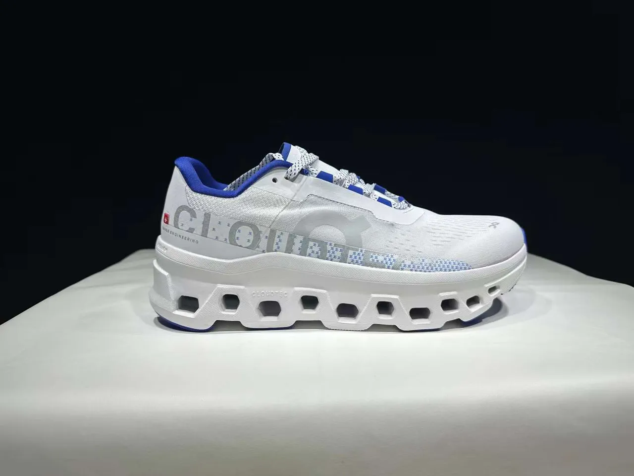 On Cloudmonster White and Blue Running Shoes