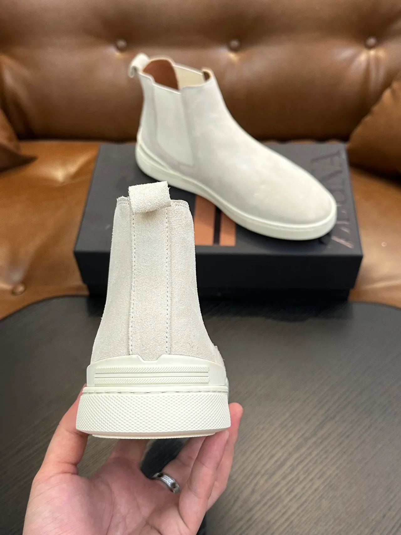 Zegna Beige White Suede Upper Elastic Side Panels Chelsea Boots