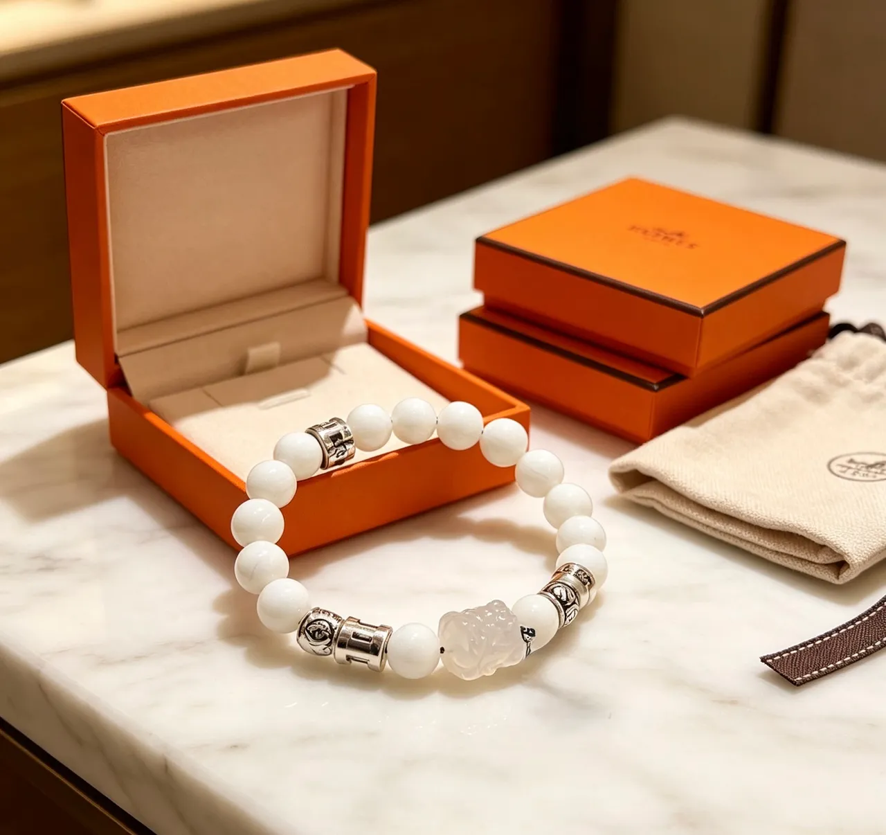 Hermès White Silver Stone Beads Metal Accents Bracelet