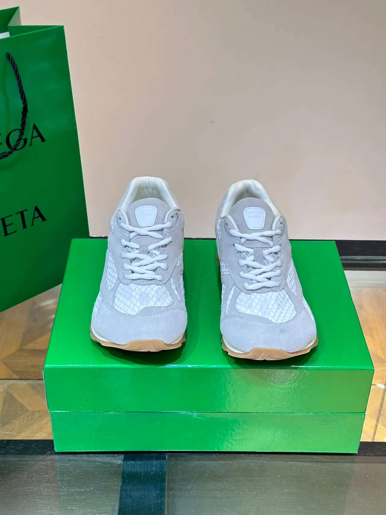 Bottega Veneta Gray White Suede Upper Intrecciato Quilted Panels Lifestyle Sneakers
