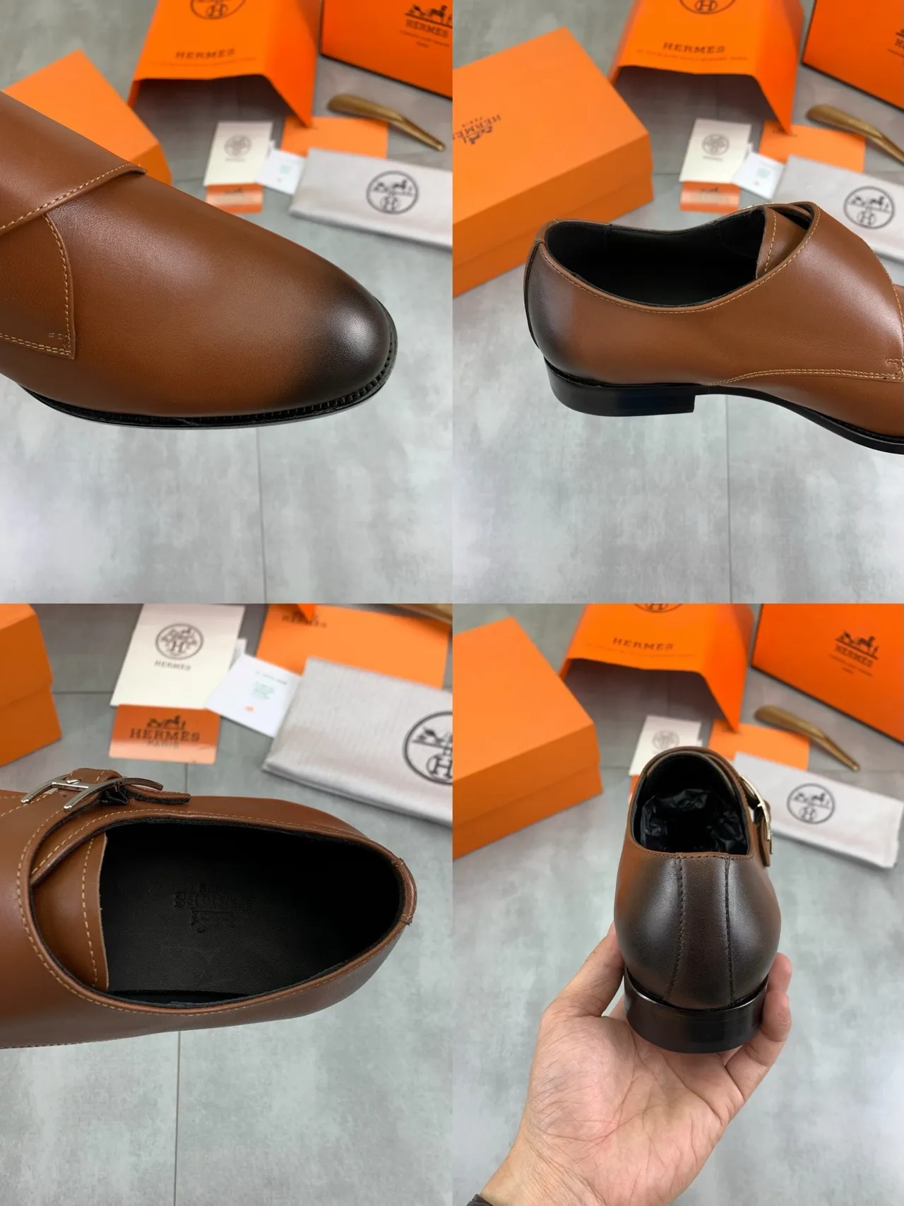 Hermès Brown Black Single-Strap Polished H-Buckle Monk Shoes