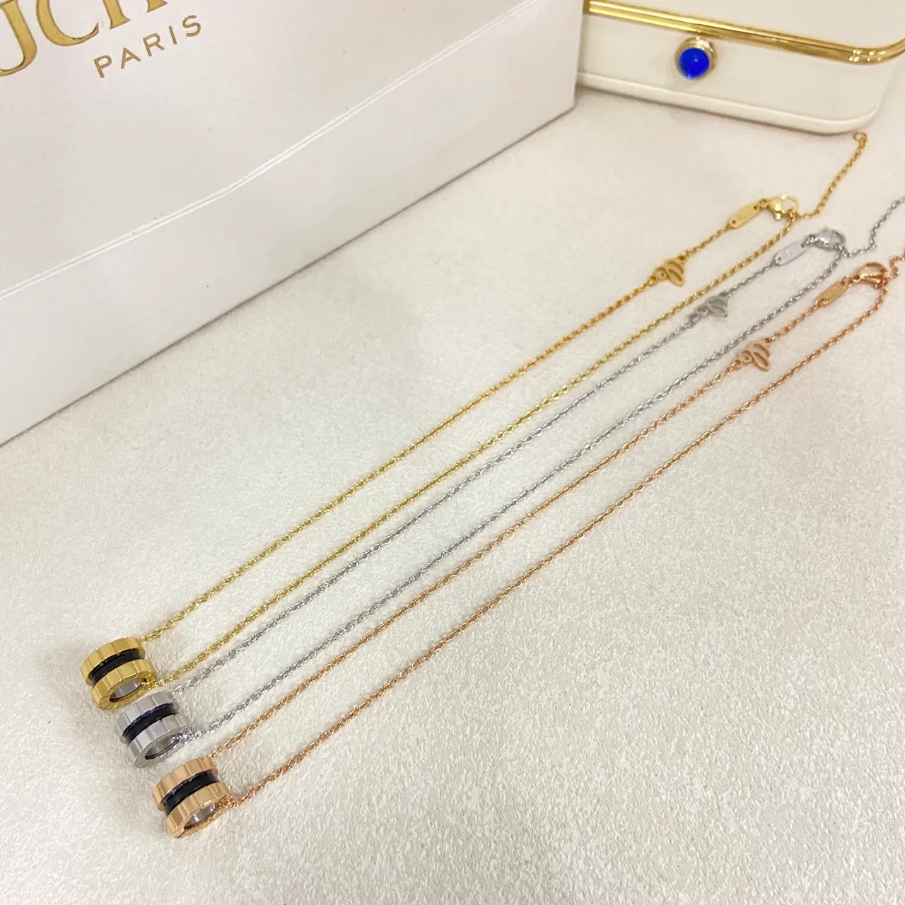 Gold Multicolor Barrel-Shaped Pendant Enamel Color Band Detail Necklace