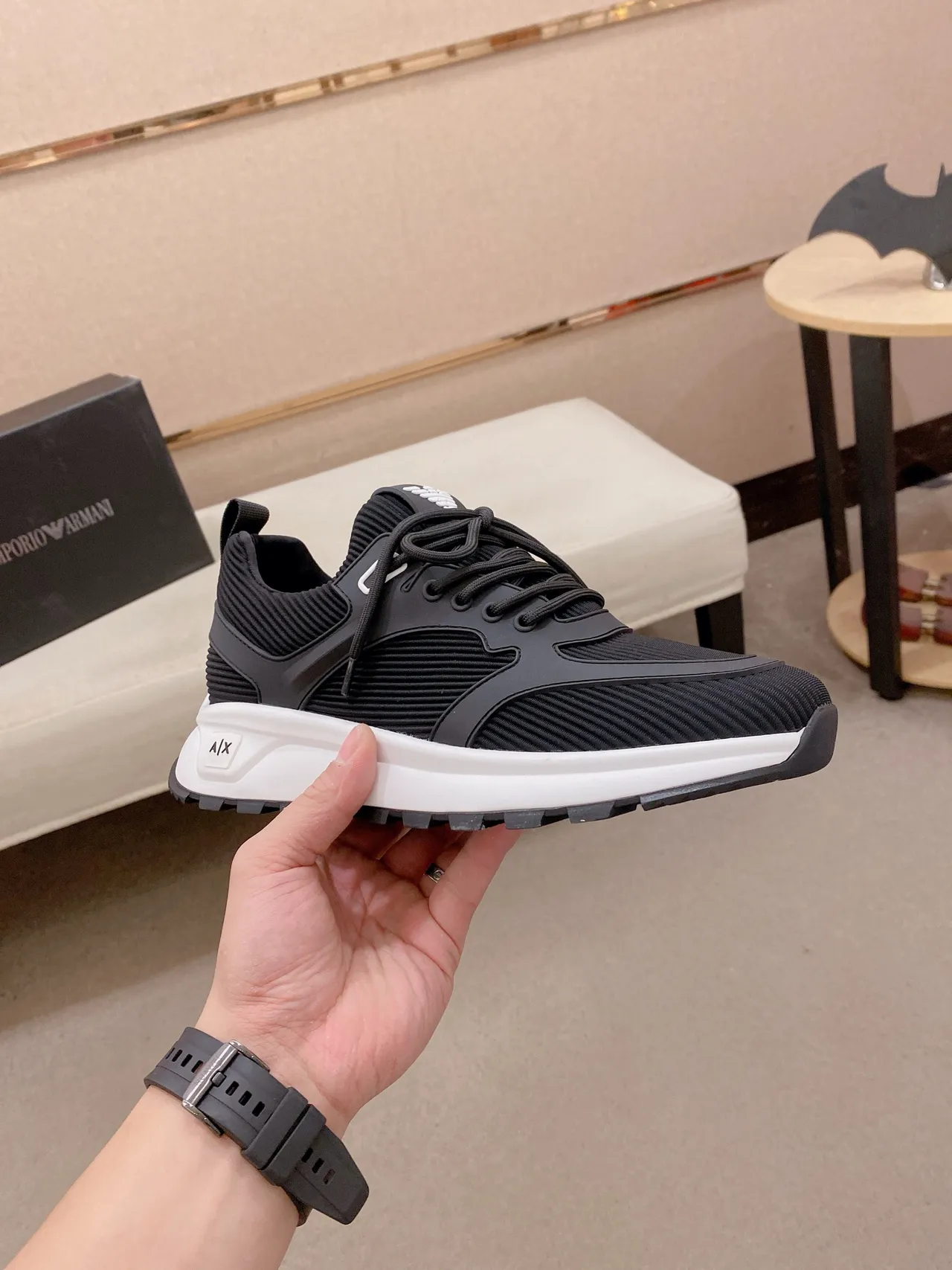 Armani Exchange Black and White Ribbed Knit Chunky Sneakers