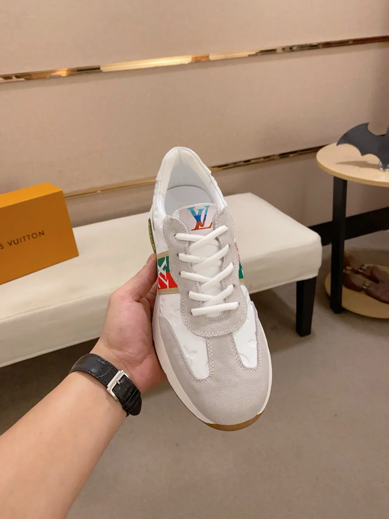 Louis Vuitton White Gray Embossed Monogram Leather Red-Green Stripe Lifestyle Sneakers