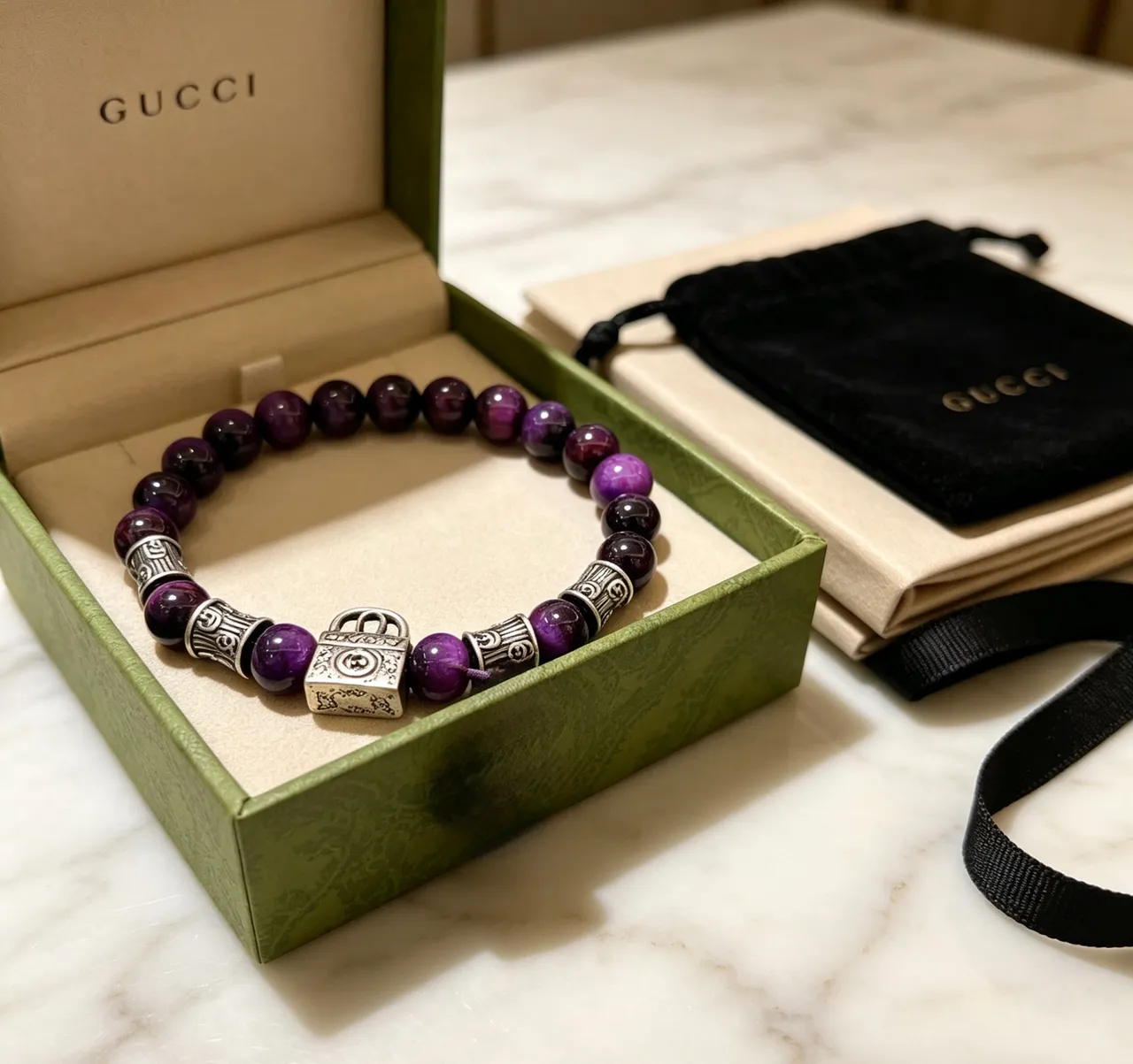 Gucci Purple Silver Beaded Lock Charm Bracelet
