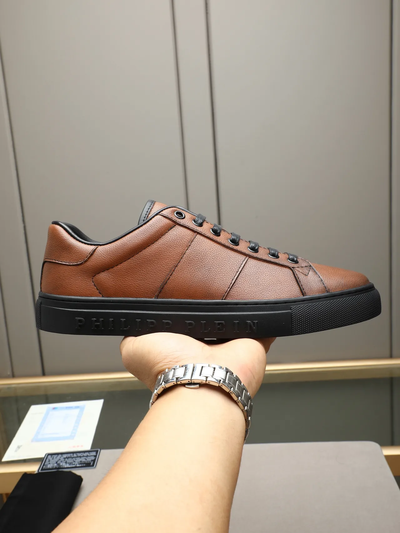 Philipp Plein Brown Leather Low-Top Sneaker