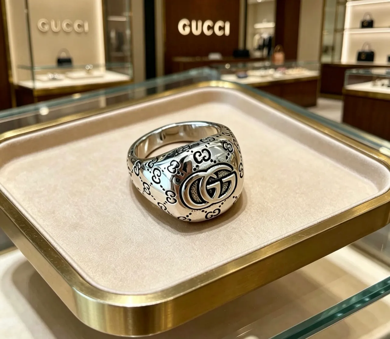 Gucci GG Monogram Ring Silver Black Polished Enamel Ring