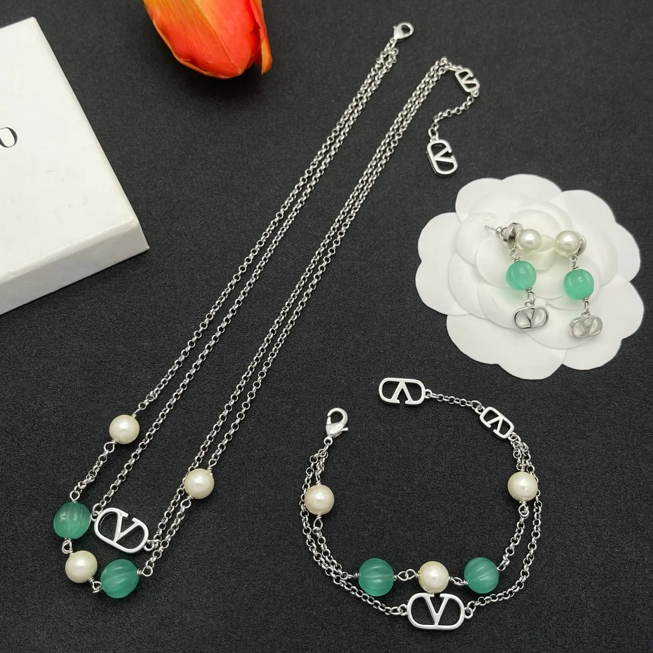Valentino VLogo Double-Layer Pearl and Chalcedony Necklace